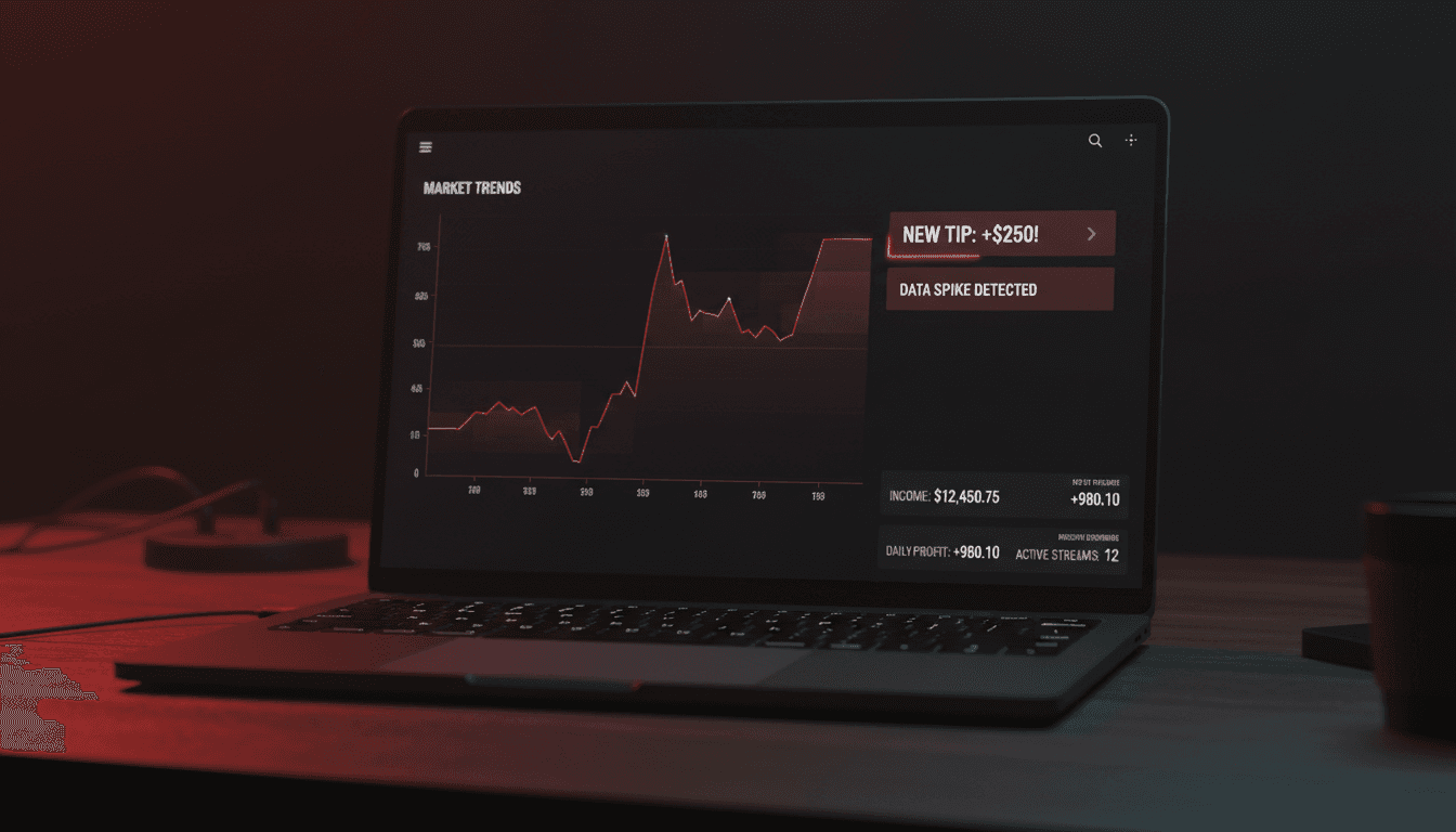Dark laptop dashboard showing live earnings data streams
