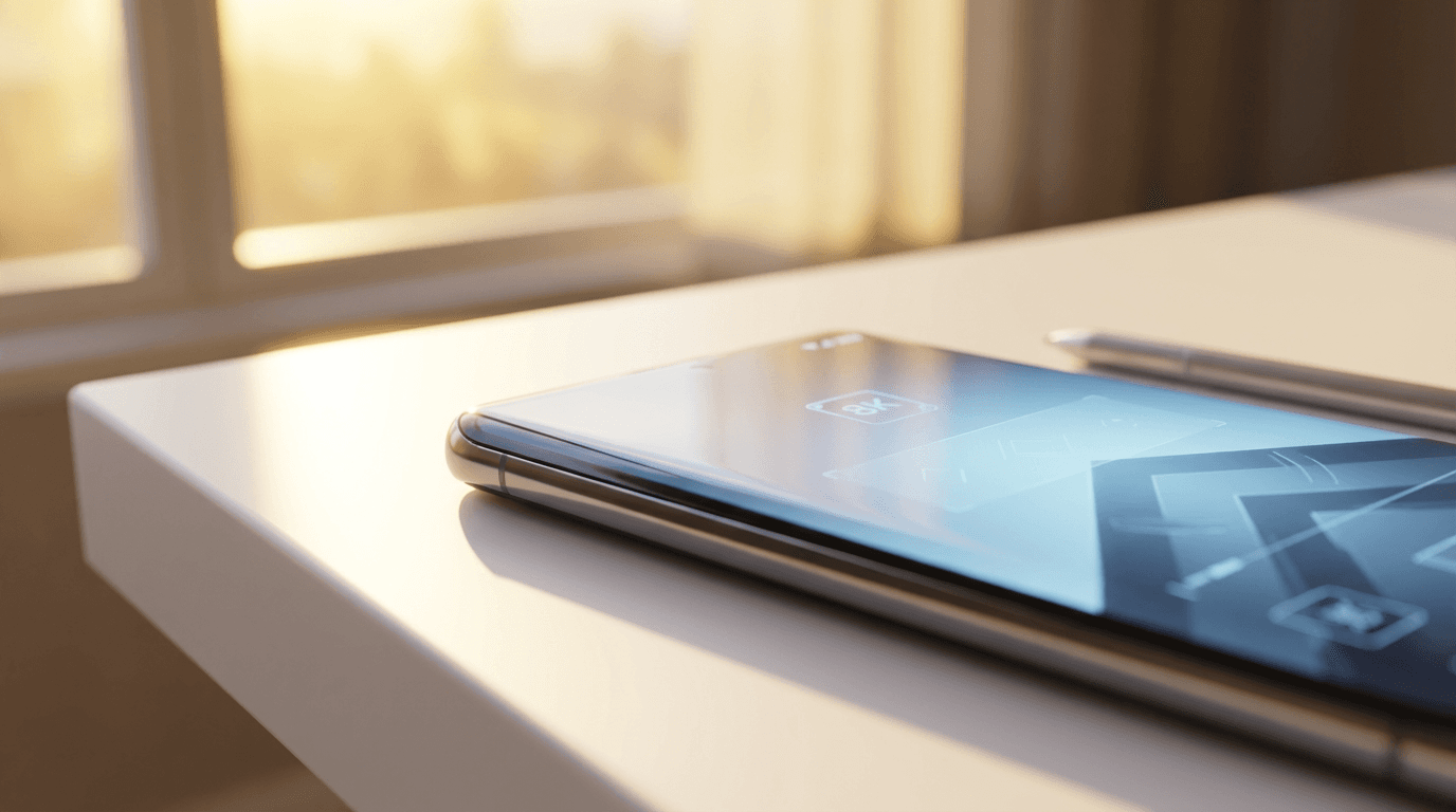 Close-up of a smartphone on a dark desk displaying a blurred dashboard interface with soft ambient lighting
