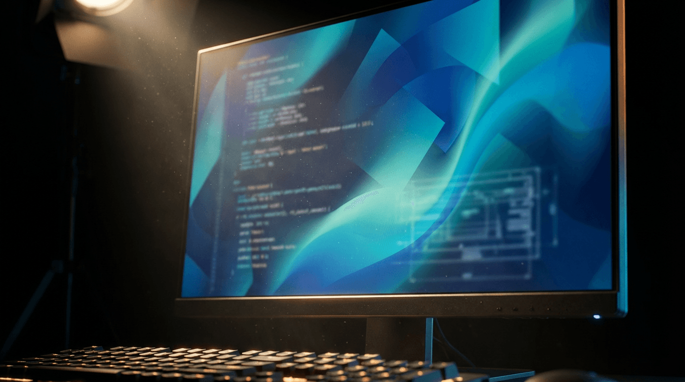 Dark monitor displaying a blurred dashboard with red and maroon tones